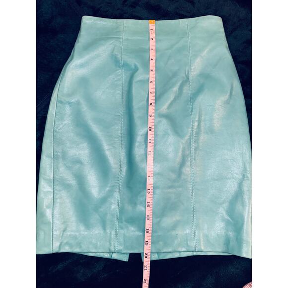 VINTAGE 80's EIGHTIES VAKKO AQUA TURQUOISE LEATHER SKIRT - Picture 8 of 8